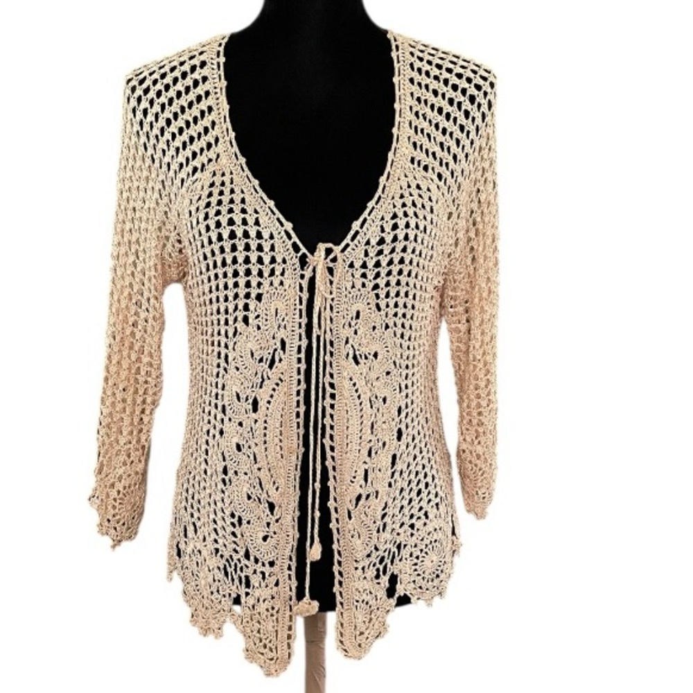 WORTHINGTON crochet bolero shrug women’s Large Tan Beige Open-Front 3/4 Sleeve